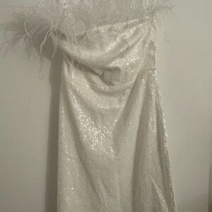 Lulu's Glittering Perfection White Sequin Feather Strapless Mini Dress